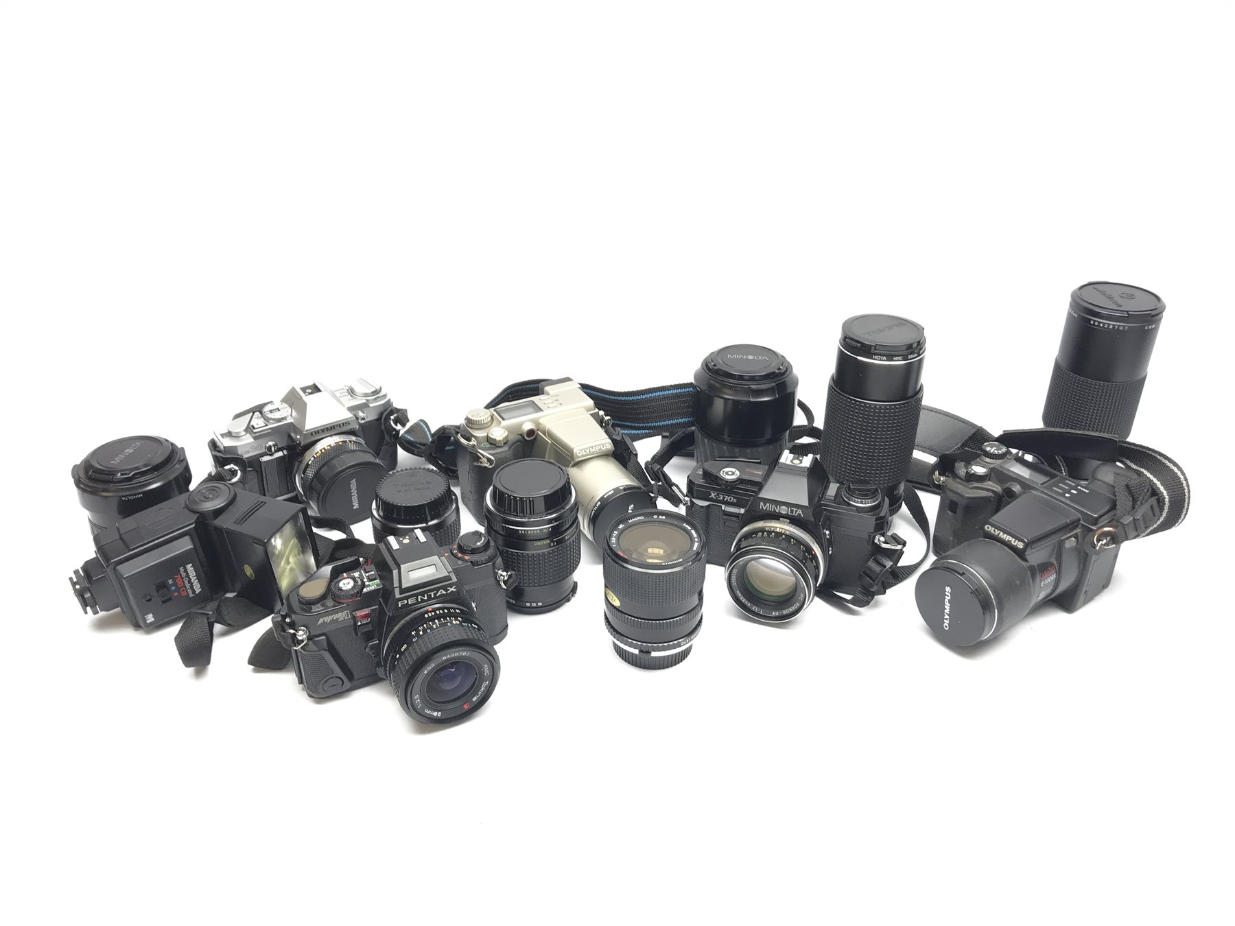 PENTAX program A camera body with RMC Tokina 28mm 1:2.8 lens, RMC Tokina 80-200mm 1:4 lens, RMC Tokina doubler for P/K, Tokina 35-70mm 1:3.5-4.8 lens, OLYMPUS OM 30 camera body with OLYMPUS OM-SYSTEM 50mm 1:1.8 lens, Miranda 28-70mm 1:3.8-4.8 MC macro lens, Makinon MC Zoom1:4.5 80-200mm lens, Minolta X-370s camera body with Minolta MC Rokkor-PF 1:17 lens, two Olympus cameras, Minolta AF Zoom 35-105mm lens, Minolta MAXXUM AF zoom 100-300mm lens, 