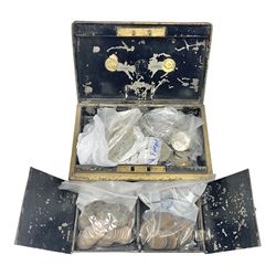 Coins including approximately 610 grams of Great British pre-1947 silver coins, pre decimal pennies and other denominations etc, housed in a small cash tin