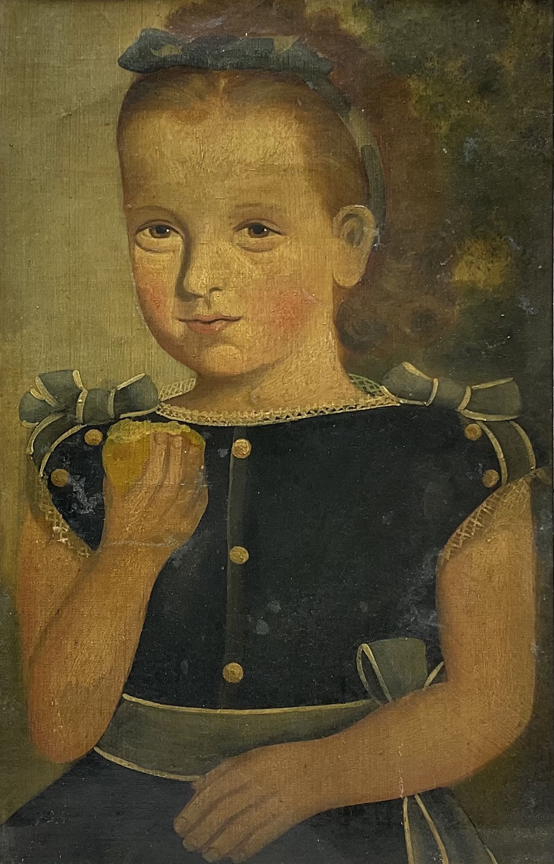 American Primitive School (19th century): Girl in a Blue Dress, oil on canvas laid loosely on board unsigned 46cm x 29cm