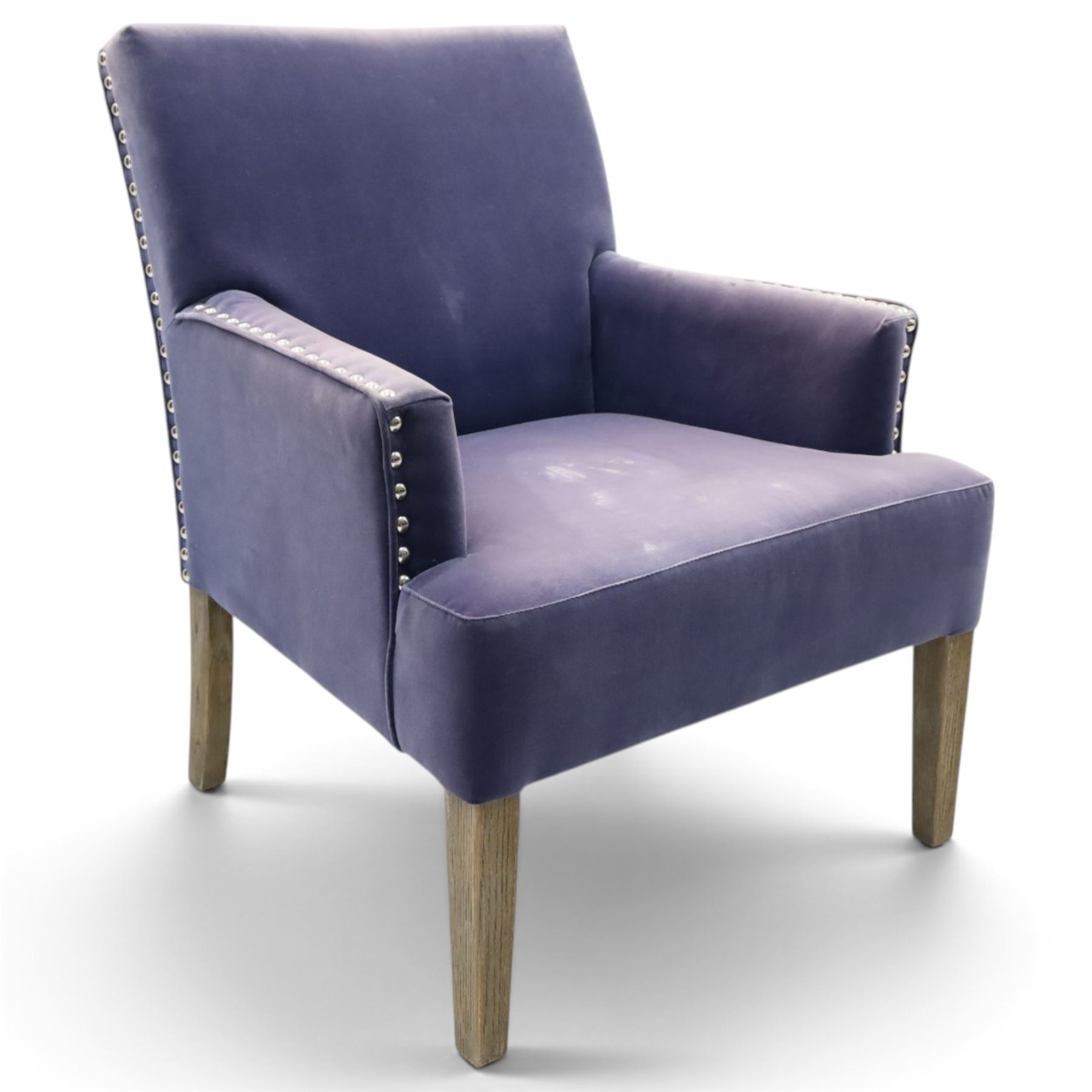 OKA - Sutcliff armchair, upholstered in purple velvet, chrome studded detailing, raised on grey stained legs