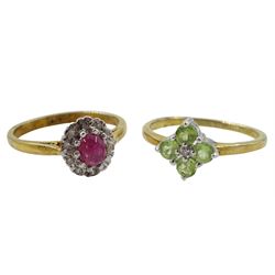 Two silver-gilt ruby and cubic zirconia and peridot and diamond rings, both stamped