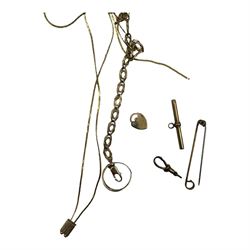 9ct gold jewellery, including bracelet, necklace, bar brooch, padlock, t-bar and clip, together with a 12ct gold stone set ring