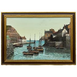 Kevin Platt (British 1945-): Staithes, oil on canvas signed 30cm x 45cm