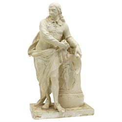 19th century plaster standing  figure of John Milton leaning against a pedestal H52cm