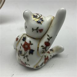 Royal Crown Derby Treasures of Childhood cabaret set, comprising tray, milk jug, sucrier, teacup and saucer, together with two Royal Crown Derby Treasures of Childhood paperweights Fleur and Ragdoll Sailor and Teddy bear paperweight, all paperweights are without stoppers