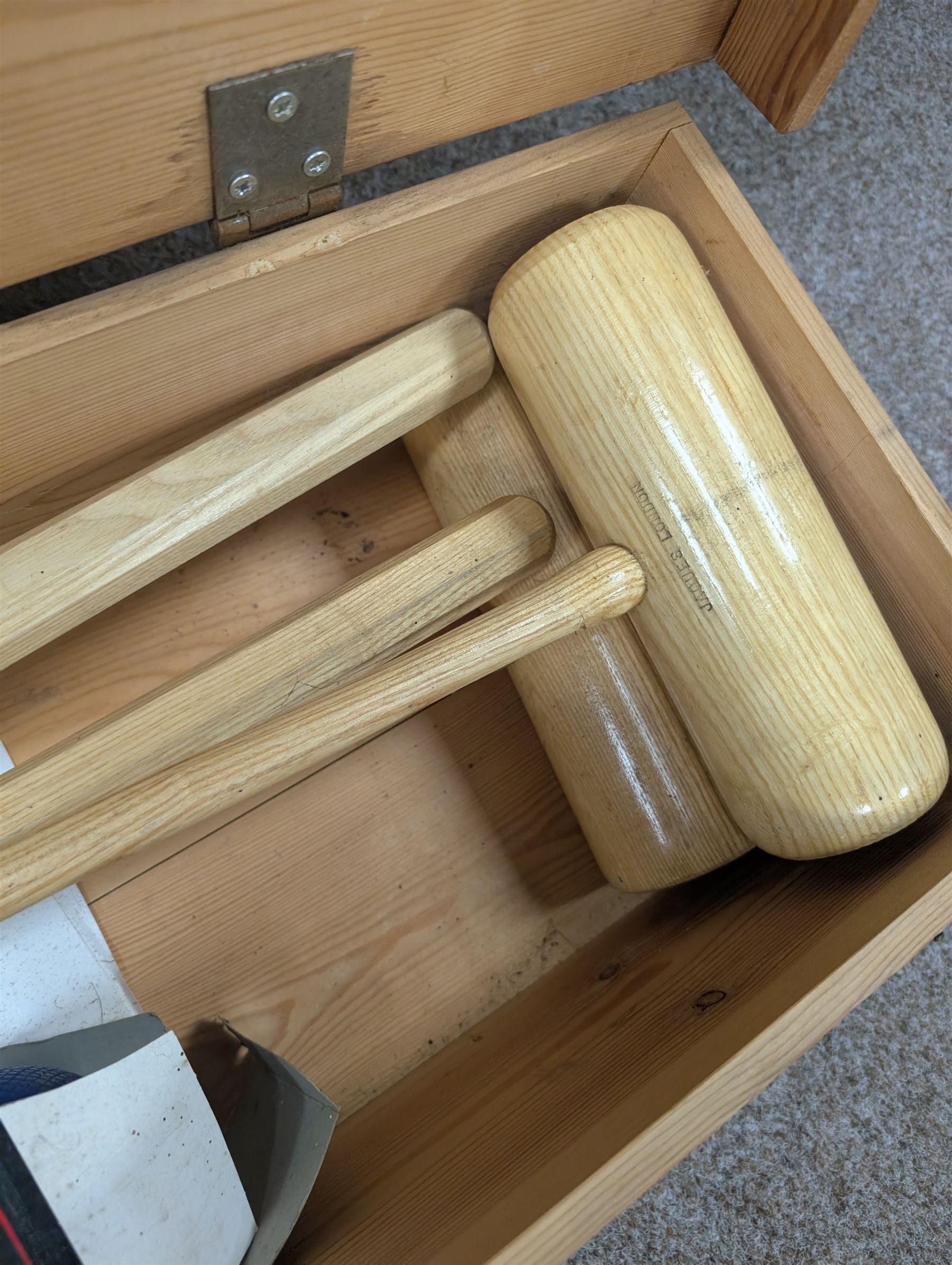 Jaques croquet set, with four mallets, stakes and balls in wooden carry case