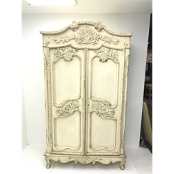 French style cream painted ornate double wardrobe/cupboard, W113cm, D57cm, H201cm