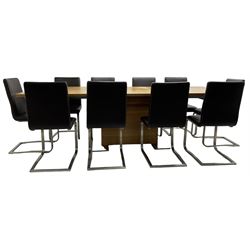 Contemporary walnut extending dining table, rectangular pull-out extending action top with two additional leaves, on rectangular base with burnished metal feet (160cm - 258cm x 100cm, H78cm); together with a set of ten cantilever dining chairs upholstered in stitched brown leather, on burnished metal supports 