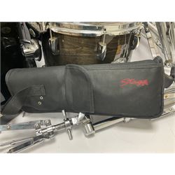 Pearl Vision SST Birch Ply shell four-piece drum kit in black comprising bass drum with foot pedal and three graduated toms; together with Pearl Custom Alloy Sensitone steel snare drum, drum and cymbal stands, microphone stand, stool and various drum sticks 