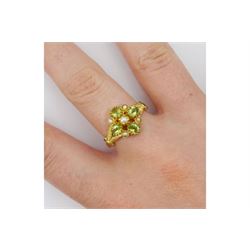 Silver-gilt peridot and pearl cluster ring, stamped