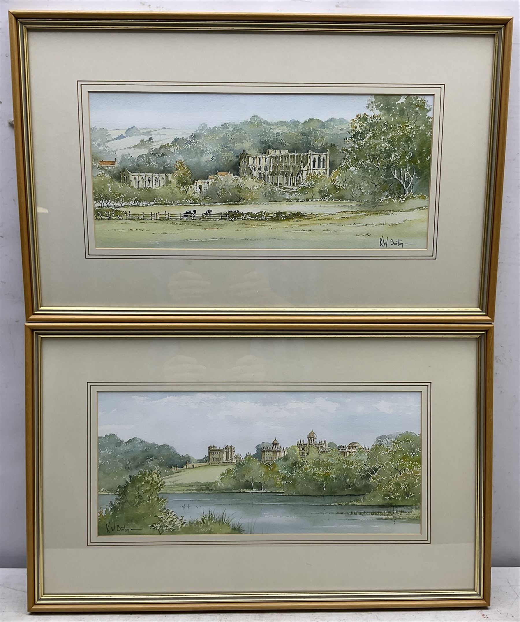 Kenneth W Burton (British 1946-): 'Rievaulx Abbey' and 'Castle Howard', pair watercolours signed, titled verso 18cm x 41cm