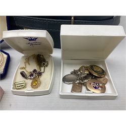 Victorian and later jewellery including silver thimble, rolled gold pendants, earrings and brooches and a collection of wristwatches including Sekonda, The Westminster Collection Historic Timepieces Spitfire pocket watch etc