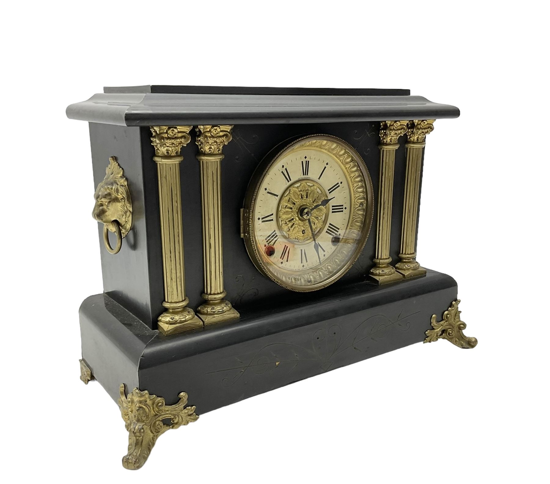 Seth Thomas - American late 19th century 8-day  mantle clock in a wooden case striking the hours on a gong and the half hours on a bell. With pendulum and key. 