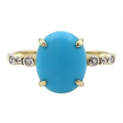 9ct gold single stone oval turquoise ring, with white zircon set shoulders, hallmarked 