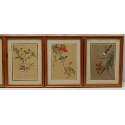 Chinese School (20th century): Birds and Flowers, set five watercolours on silk 18cm x 12cm, an etching of Tin Ghaut Whitby and a print of the same subject max 21cm x 13cm (7)