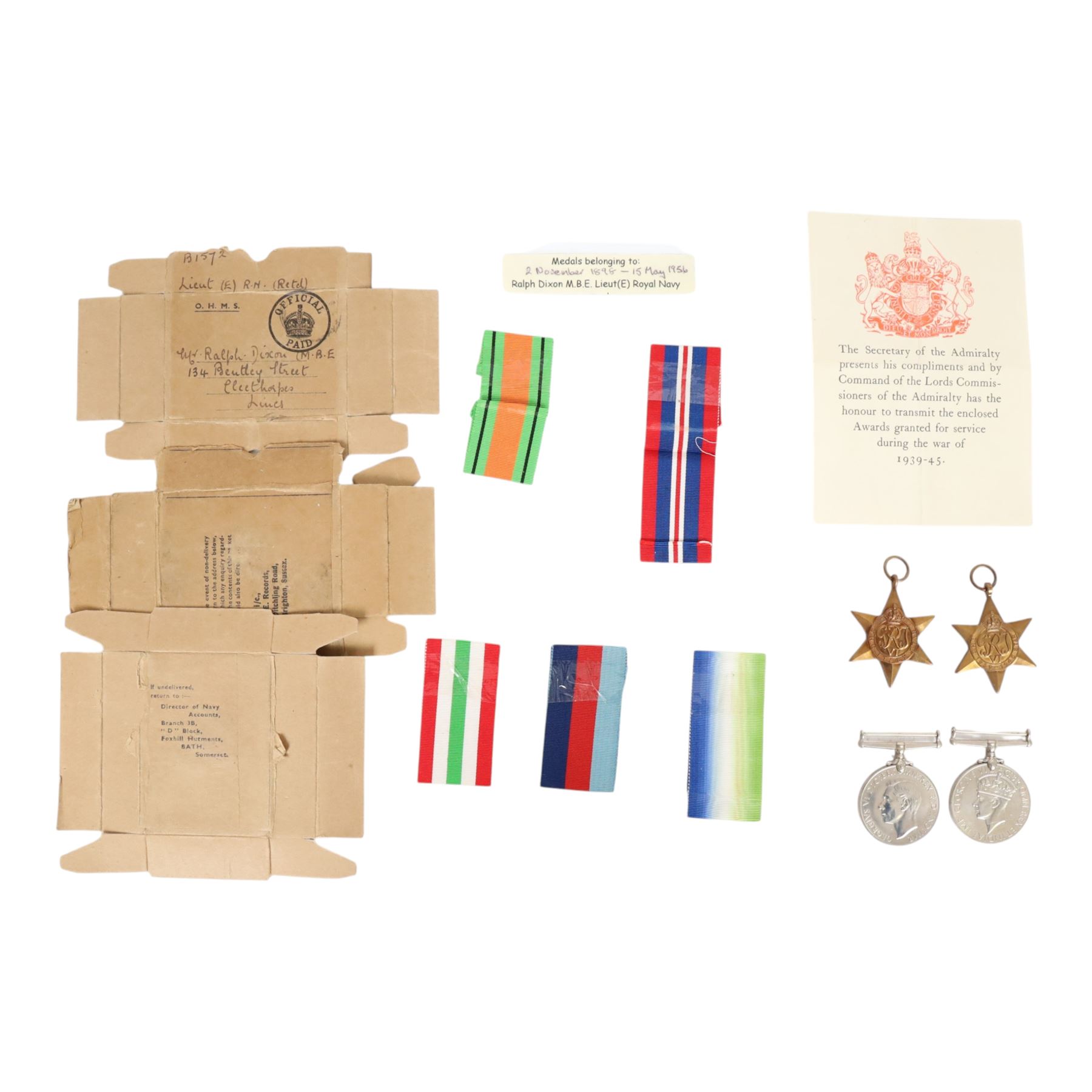 WWII medal group, comprising War medal, Defence medal, 1939-45 star and the Italy star, awarded to Ralph Dixon M.B.E Lieut Royal Navy