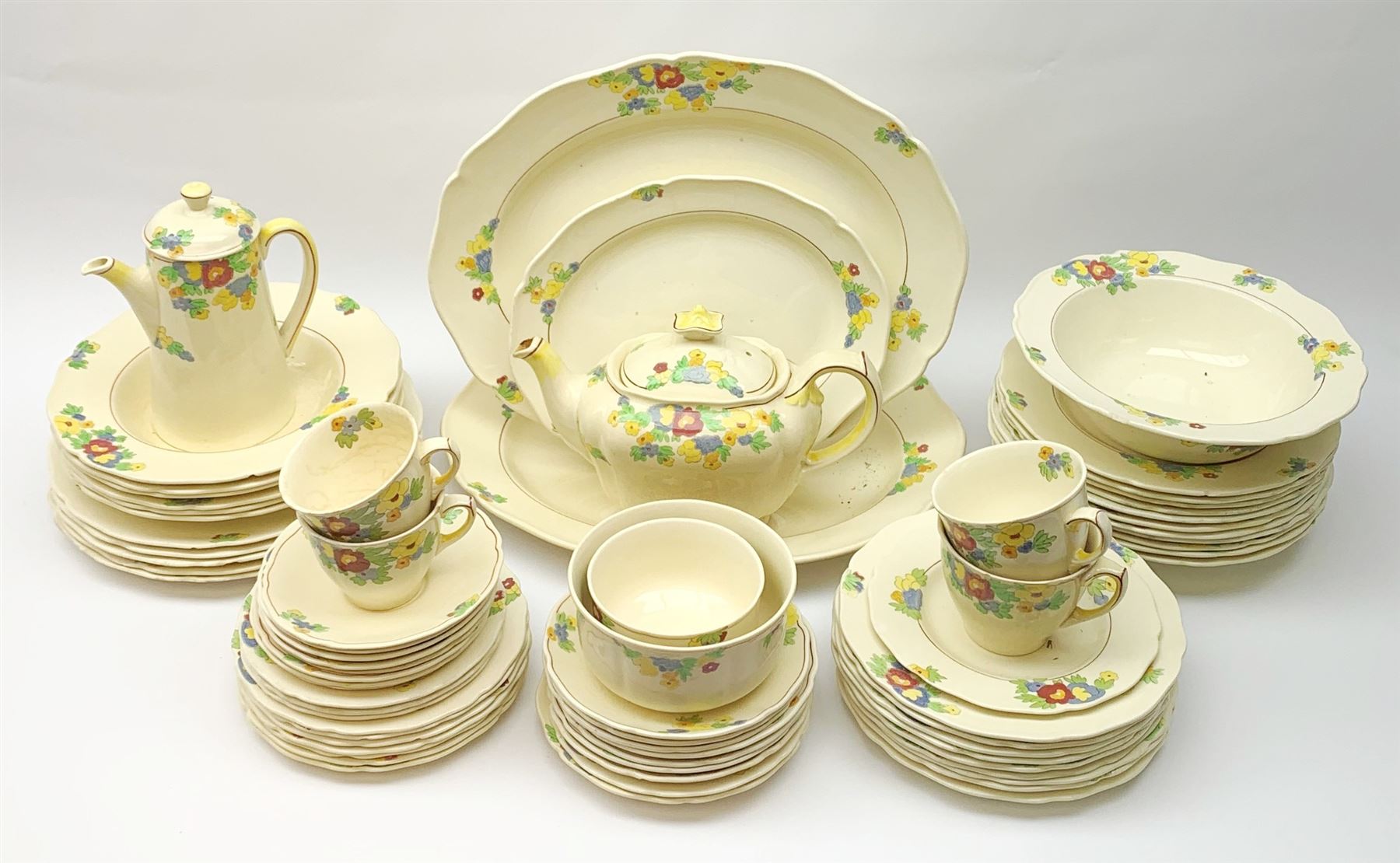Royal Doulton Minden pattern dinner and tea wares, number D5334, together with a selection of silver plated flatware, most marked for Walker & Hall. 