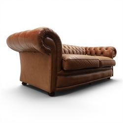 Springvale - Large three seat Chesterfield sofa, upholstered in buttoned tan leather, two cushion deep seat, turned bun feet