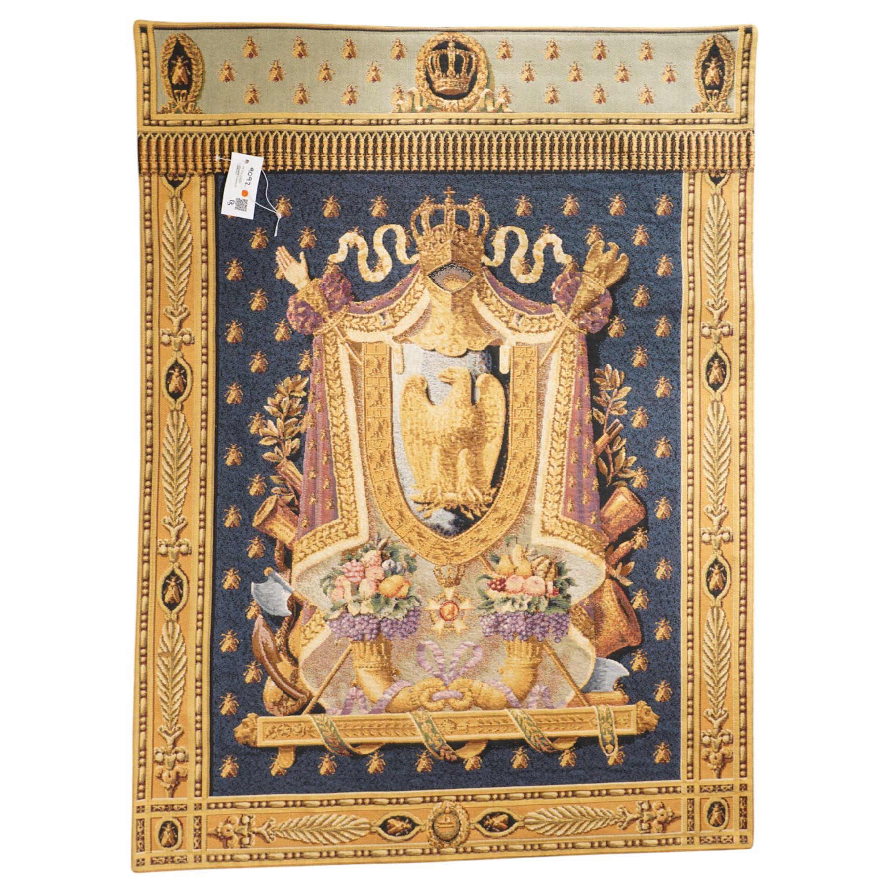 Two 20th century Napoleonic style wall hanging tapestries, with forest and crest designs, larger 216cm x 62cm, smaller 109cm x 81cm