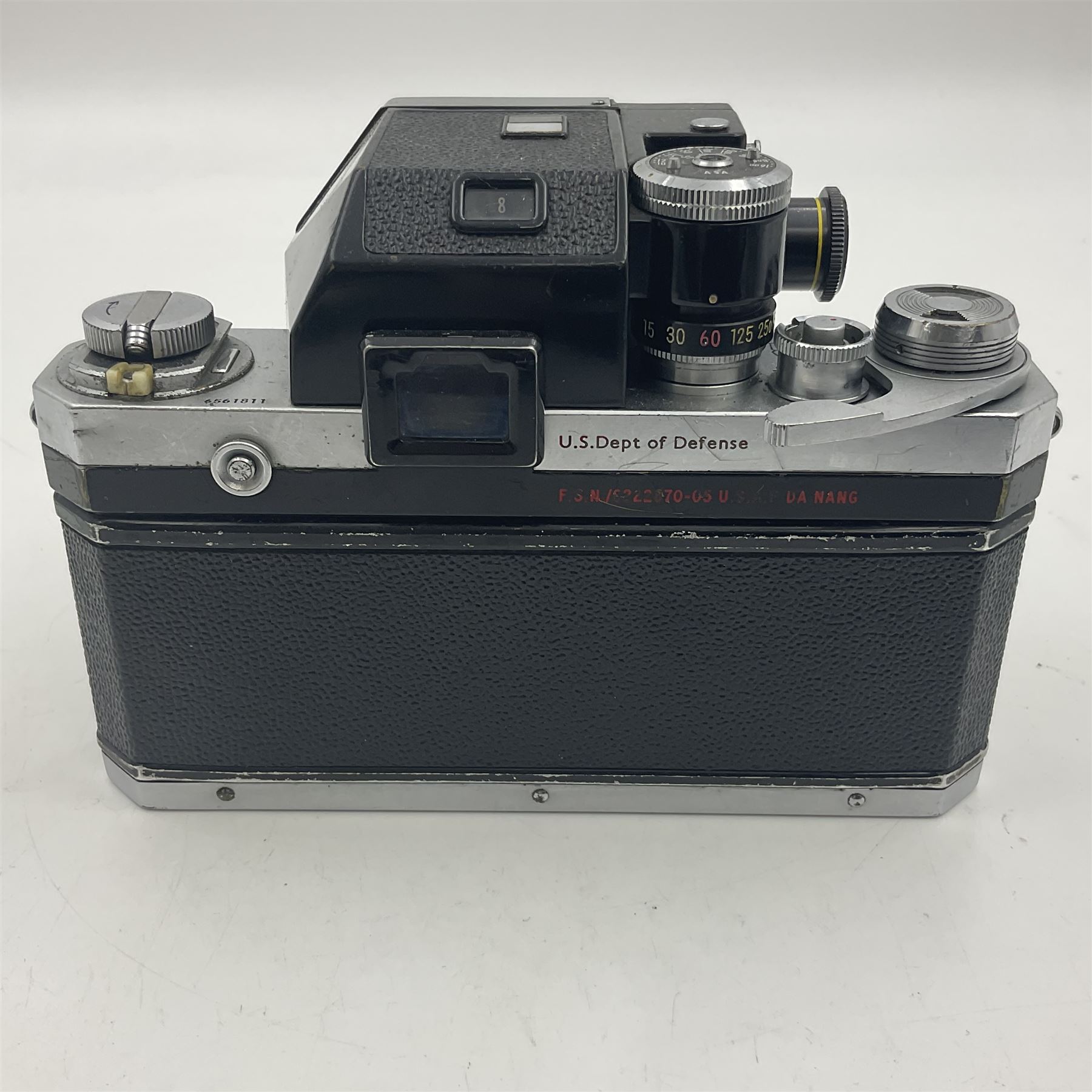 Nikon F Photomic NKJ camera body, marked 'US Dept of Defense ... U.S.A.F DA Nang, serial no. 6561811, with 'Nippon Kogaku NIKKOR-P Auto 1:2.5 f=105mm' lens, serial no. 212154