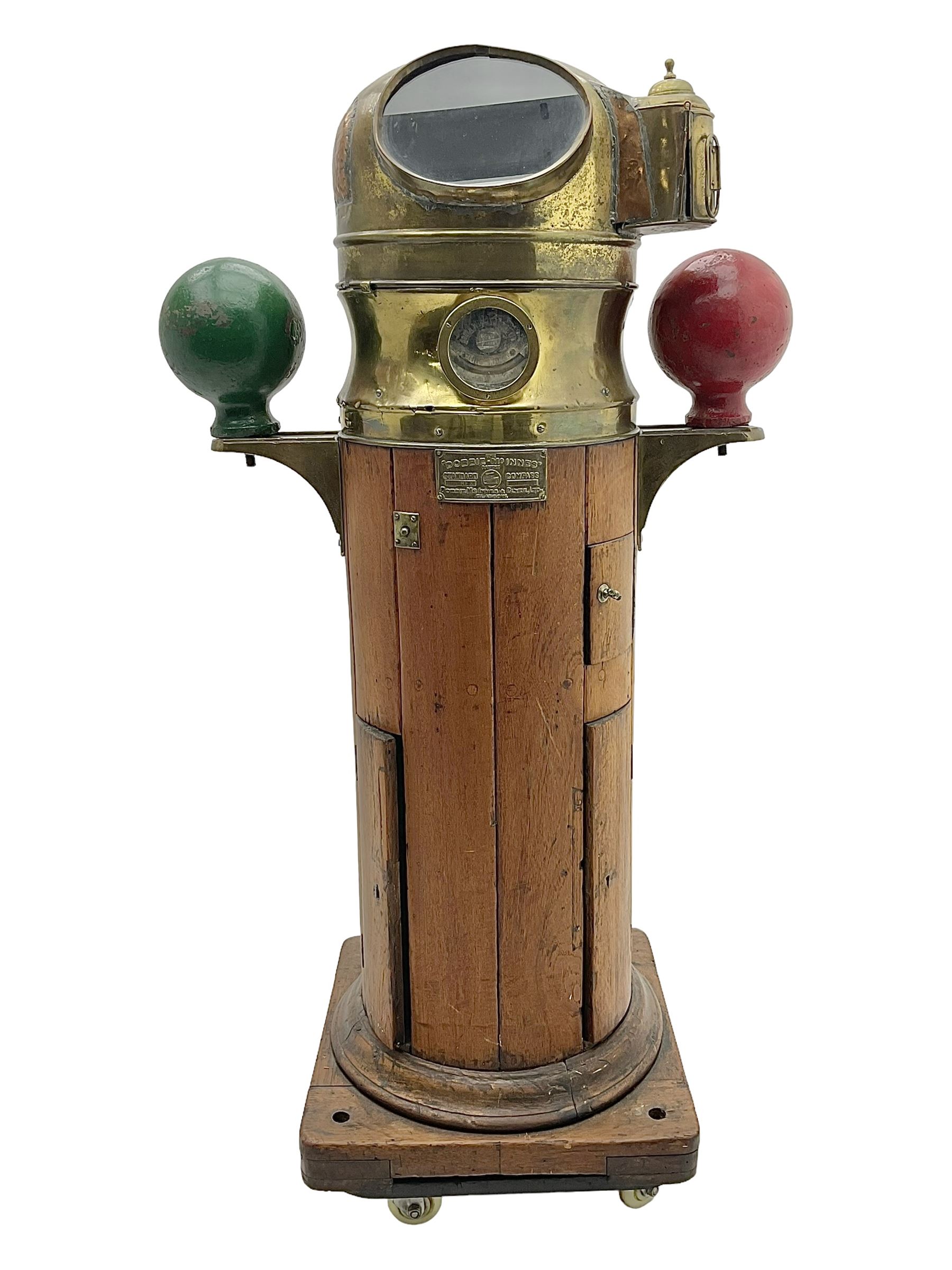 Early 20th century binnacle, with hood, gimballed compass and iron correctors, with brass plaque to the front marked 'The Dobbie McInnes patent Standard compass' 