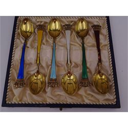 Set of six Danish silver-gilt harlequin enamel demitasse spoons with crown finials, by Egon Lauridsen, stamped ELA Denmark Sterling 925S, in fitted case