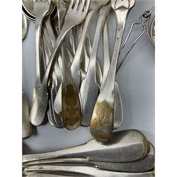 A group of metal ware, largely silver plate, to include a silver mounted dressing table brush, assorted flatware including a small number with silver ferrules, candlestick, tray, etc. 
