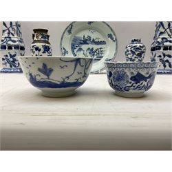 Chinese crackle glaze vases of baluster form decorated in blue with flowers and birds, together with a pair of oriental blue and white obelisks, a porcelain tea bowl and other oriental ceramics, obelisks H34cm    