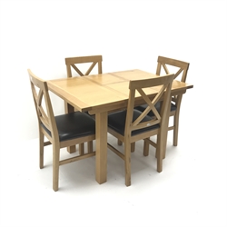  Light oak extending dining table, square supports (W80cm, H75cm, D113cm) and four dining chairs, upholstered seat (W46cm)  