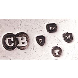 Group of five mid 20th century silver napkin rings, comprising a pair of plain circular form engraved with initial, hallmarked Viner's Ltd, Sheffield 1932, a circular example with engine turned bands, hallmarked R N Hollings & Co, Birmingham 1945, and two further 1930's examples, hallmarked Birmingham 1930 and 1934, various makers, together with a small early 20th century silver cream jug, of bellied form with foliate embossed decoration and scroll handle, hallmarked Walker & Hall, Sheffield 1910, including handle H6.5cm, etc.,  approximate total weight 8.98 ozt (279.3 grams)