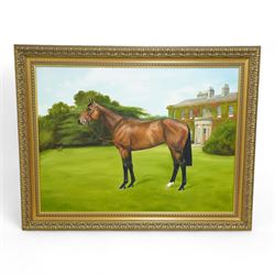 Jacqueline Stanhope (Scottish 1963-): 'La Cucaracha' a Bay Racehorse with Copgrove Hall Beyond, oil on canvas signed and dated 2005, 100cm x 136cm
Notes: La Cucaracha was owned by Guy Reed and bred at Copgrove Hall, she was a specialist sprinter trained at Lambourn by Barry Hills. La Cucaracha secured a Group One success in 2005 in the Nunthorpe Stakes at York.