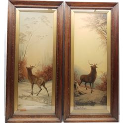 After Emilie Vouga (Swiss 1840-1909): Stags in Winter Landscapes, pair colour prints in Edwardian oak frames 92cm x 32cm