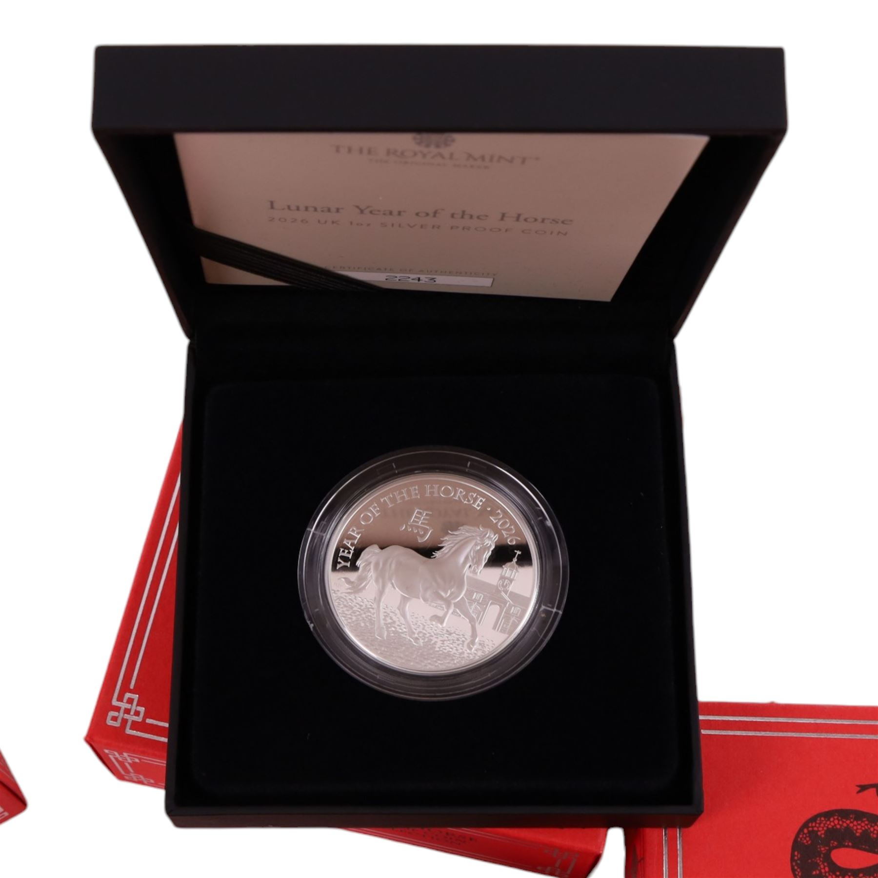 Six The Royal Mint United Kingdom 'Shēngxiào Collection' one ounce fine silver two pound coins, comprising 2016 'Lunar Year of the Monkey', 2020 'Lunar Year of the Rat', 2023 'Lunar Year of the Rabbit', 2024, 'Lunar Year of the Dragon', 2025 'Lunar Year of the Snake', and 0226 'Lunar Year of the Horse', cased with certificates