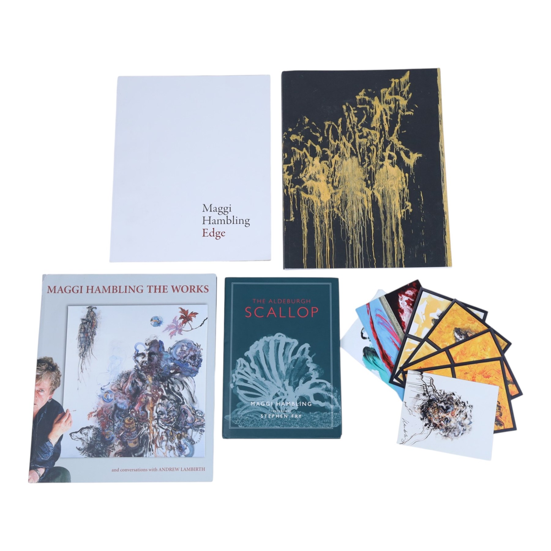 Collection of Maggi Hambling books and memorabilia, to include 'Edge' signed 2017 Marlborough Gallery exhibition catalogue, 'Maggi Hambling - The Works', signed paperback, 2022 Glyndenbourne Festival exhibition catalogue, 'The Aldeburgh Scallop' and two signed postcards