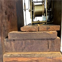Henry De La Feuille of London-early 18th century marquetry 8-day longcase clock c 1720, hood with a moulded upstand to the domed caddy top, set on a lower upstand above a wide cornice with a marquetry frieze beneath, square hood door with marquetry inlay and attached three-quarter columns with wooden capitals, hood sides with glazed panels, trunk and door inlaid with figural marquetry with various representations of people, birds, scrollwork and foliage, full length door with cock-beading surround and a circular glazed lenticle, the case sides veneered with bordered panels within crossbanded surrounds, plinth with a convex moulding and shallow moulded skirt, brass dial with a matted centre and ringed winding holes, date aperture and seconds dial, silvered chapter with Roman numerals, five minute Arabic’s, minute and inner quarter hour tracks and half-our markers, with pierced steel hands and matching cast scroll spandrels depicting angels supporting a crown, dial pinned directly to a four pillar movement with an outside countwheel and recoil anchor escapement, striking the hours on a cast and polished bell.
With weights, pendulum and key.

Henry De La Feuille was a French Huguenot, born in 1670, moving to Jersey c1690 and finally London where he is thought to have died c1730.
