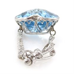 Platinum aquamarine and diamond pendant / brooch, the large faceted heart cut aquamarine, mounted within an openwork heart design gallery, suspending from a polished and milgrain set old cut diamond pendant, with bow design brooch top, set with further old cut diamonds and a single marquise cut diamond, in fitted velvet and silk lined box by Bloom & Sons, London, aquamarine approx 55.00 carat, total diamond weight approx 0.60 carat