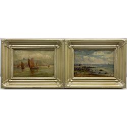 Attrib. Gertrude Hudson (British 1878-1958): Fishing Boats at Scarborough and the Beach, pair oils on board signed with initials GH, 12cm x 19cm (2) 
Notes: Hudson was a pupil of and model for Mark Senior, and the sister-in-law of Senior's daughter. She never took to painting full-time, hence why her art very rarely appears on the market, and making a firm attribution difficult.