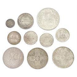Great British pre 1920 silver coins including King George IV 1827 maundy twopence, Queen Victoria 1853 shilling, 1898 florin and 1901 sixpence, King Edward VII 1904 and 1910 sixpences, King George V 1915 florin, 1916 halfcrown etc (10)