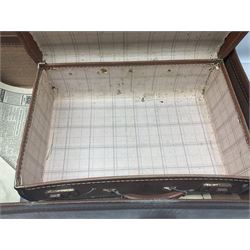 Three shooting sticks, together with four vintage leather brown suitcases of various sizes, largest suitcase H40cm L65cm 