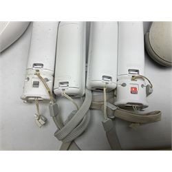 Nintendo Wii console, four controllers with cases and four nunchucks, Wii sensor bar, balance board and dance mat. Guitar hero wireless guitar for Wii and Redoctane wired guitar. Nintendo DS lite handheld gaming console, console and game cases and Guitar Hero Redoctane Guitar Grip. Selection of Nintendo Wii and Nintendo DS lite games to include Super Mario Galaxy, Guitar Hero, Wii Fit, Legend of Zelda games etc. Archos AV400 Series pocket video recorder with accessories, cradle and remote, in three boxes