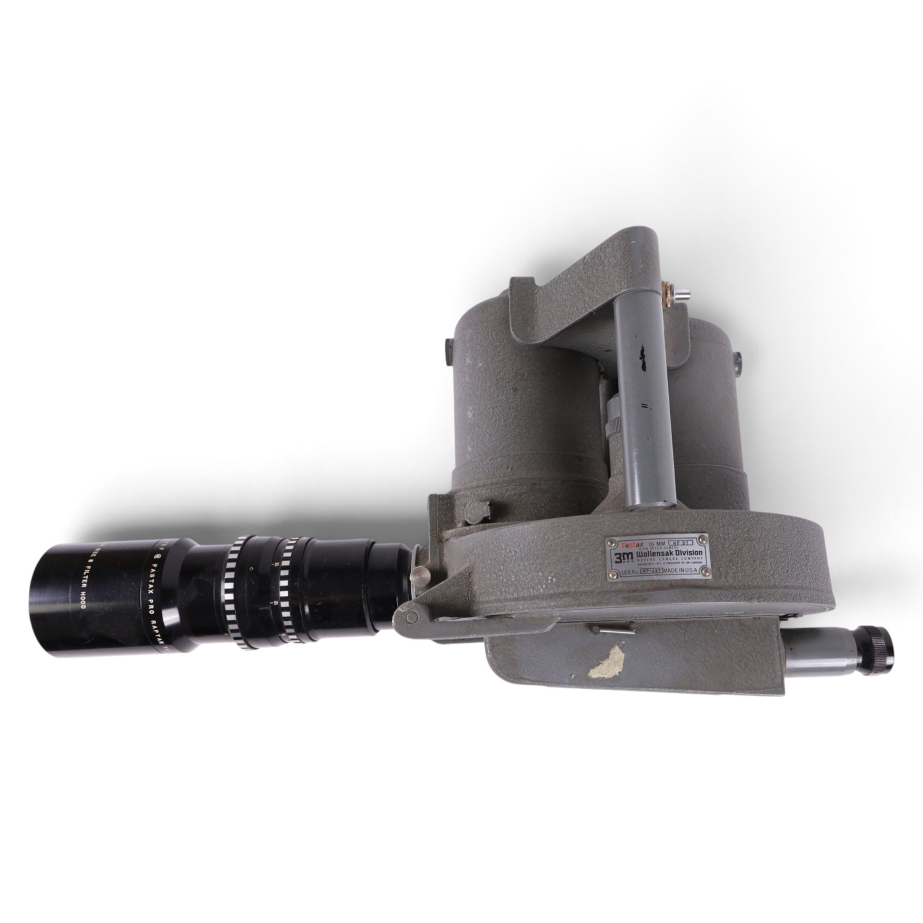 Wollensak Fastax 16mm WF 3T high speed cine camera, serial no. 16T-197, with a Wollensak Fastax Pro Raptar Telephoto lens no. E17644 with a Wollensak size 8 filter hood, made in USA circa 1955