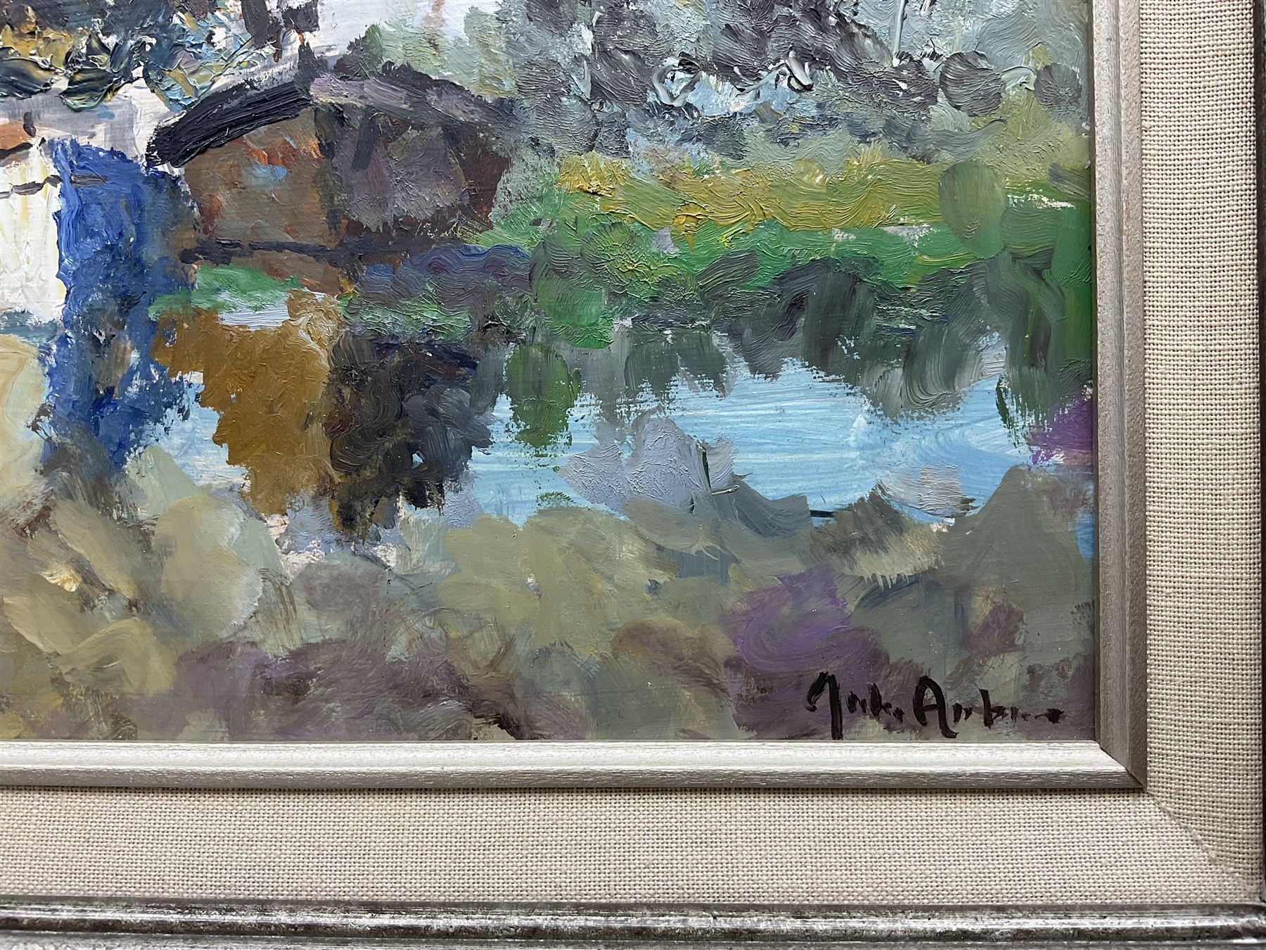 John Ambrose (British 1931-2010): Boats Resting in the Harbour, oil on board signed 29cm x 39cm 