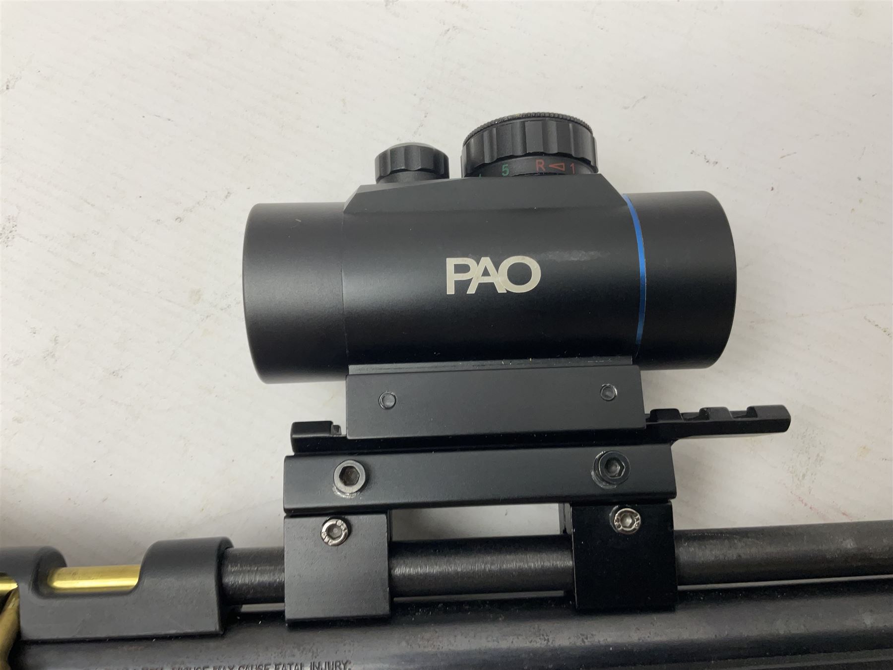 Crosman Model 2250B .22 cal. CO2 rifle, with PAO red dot sight and skeleton stock, serial no.221B76447, L77.5cm overall  NB: AGE RESTRICTIONS APPLY TO THE PURCHASE OF AIR WEAPONS.