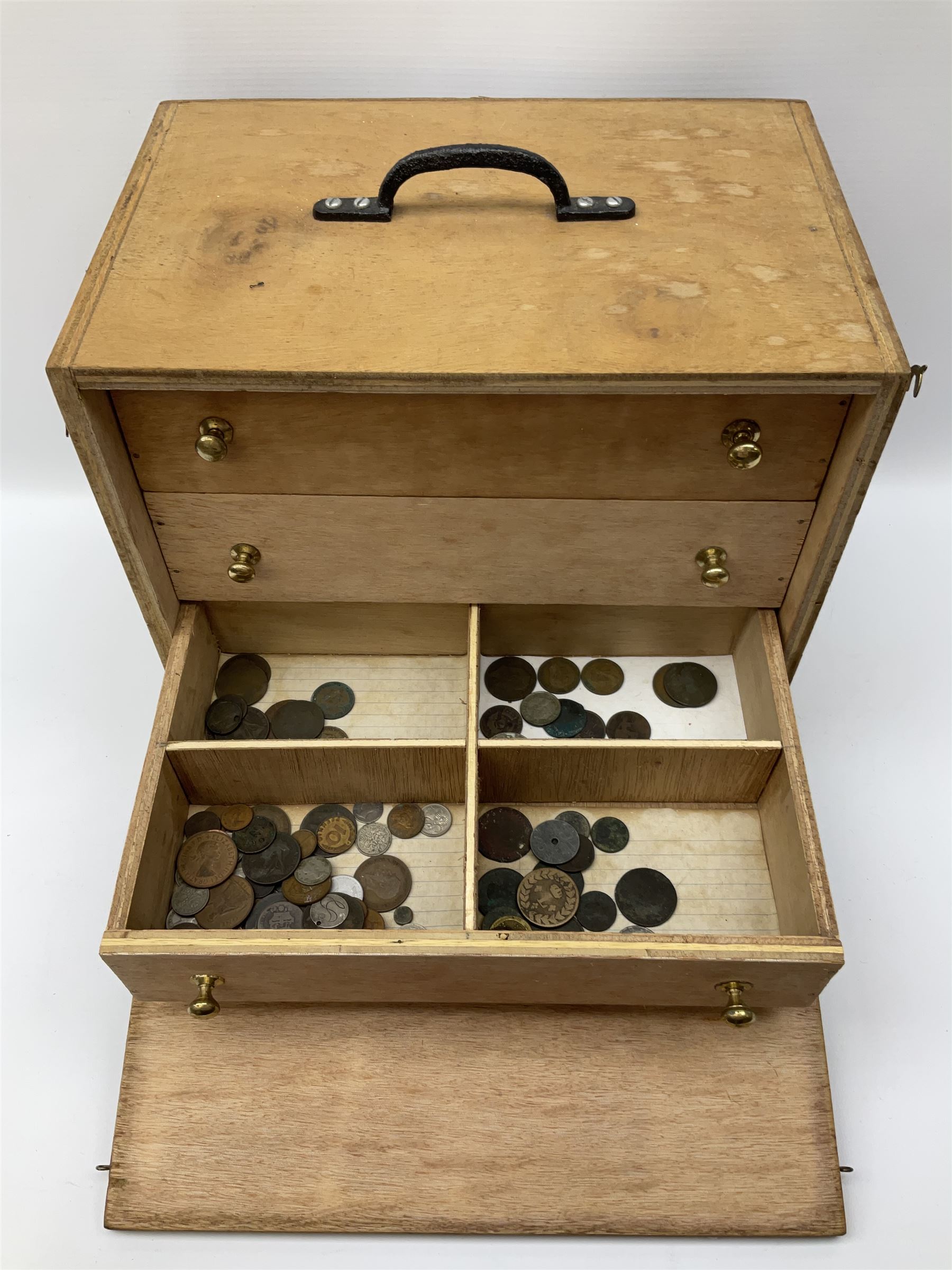 Three drawer collectors cabinet with fall front containing various Great British and World coins including GB pre-decimal coins, King George III 1806 penny, cartwheel pennies etc
