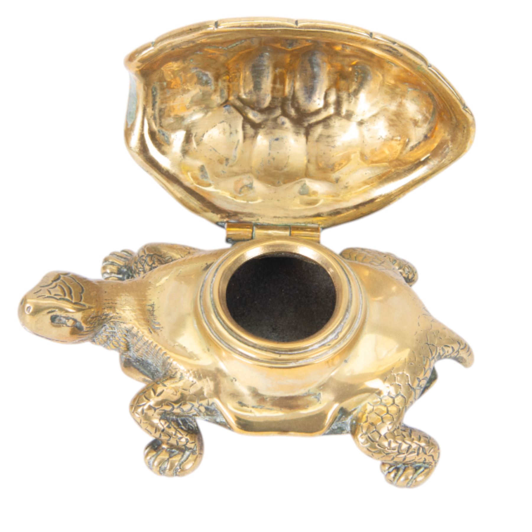 Victorian novelty cast brass inkwell, modelled as a tortoise with hinged brass carapace opening to reveal inkwell recess, L15cm, together with  a brass model of a recumbent water buffalo, L12cm