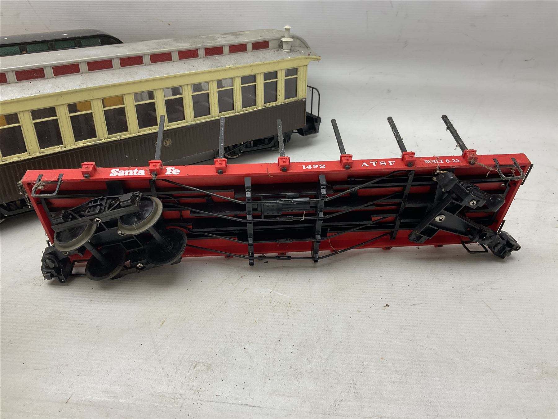 Six Bachmann G scale, gauge 1 rolling stock wagons and carriages, including tram coach, log carrier and tanker, etc, all unboxed 