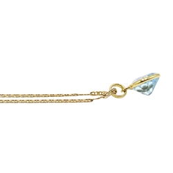 18ct gold blue topaz heart shaped pendant on 9ct gold chain and matching 18ct gold blue topaz earrings, all stamped 