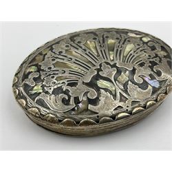 18th century silver plated oval snuff box with tortoiseshell lid inlaid with silver and mother of pearl 