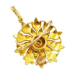 Edwardian 15ct gold split pearl flower head and foliate necklace, with detachable 18ct gold old cut diamond and split pearl flower head pendant, in fitted velvet and silk lined box