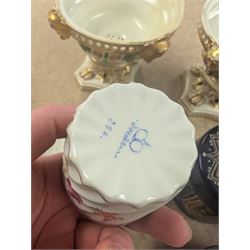 Two Royal Crown Derby pot pourri, Dresden teacup and saucer, three blue glass dressing table items, etc 